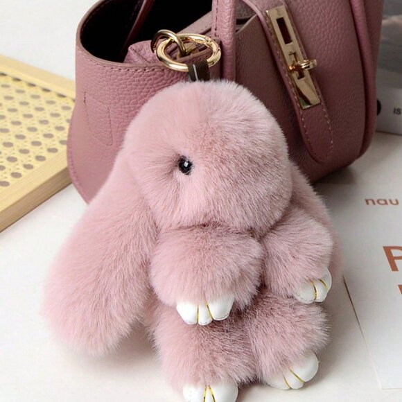 Pink Cute Faux Rabbit Fur Bunny bag charm Keychain, Bag & Car Accessory - Picture 1 of 3